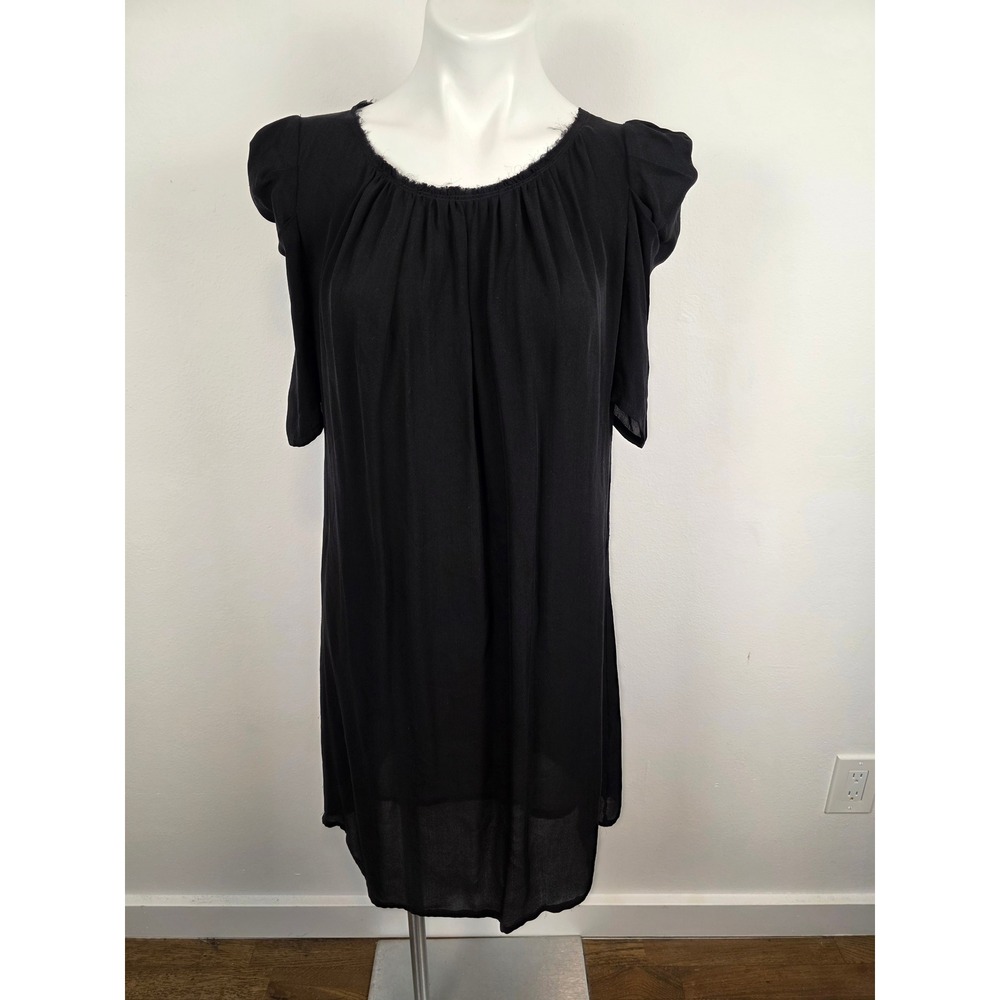 Gary Graham Black Dress Womens Short Sleeve Frayed Neckline Silky‎ Casual Airy